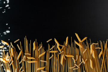 yellow raw homemade pasta spaghetti and penne on a black concrete background at the bottom of the frame. Shade of flowers. Top view. The concept of cooking and diet. Copy space
