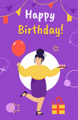 Happy birthday card with cartoon woman holding party balloon