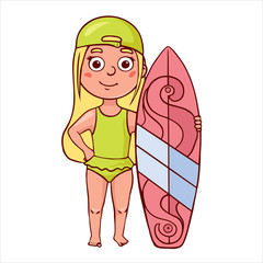  Doodle sketch illustration of a girl in a green swimsuit with a surfboard. Illustration baby 
