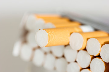 Pack of cigarettes on white background. Close up photo