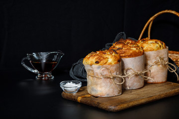Still life of baked cakes .