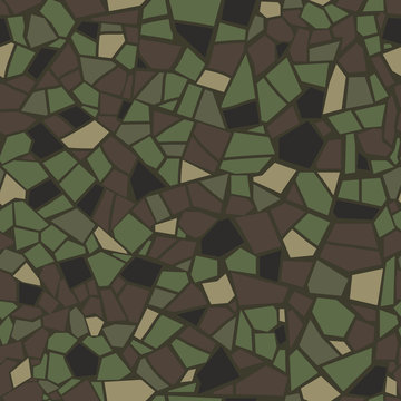 MILITARY MOSAIC TILE SEAMLESS PATTERN. Abstract pattern. Army color mosaic. Vector crack stone marble background. Endless rock concrete texture. Ceramic tile fragments. Terrazzo floor print.