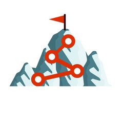 Climbing mountain with red flag. Points and stages of route. Business motivation in personal growth. Mountaineering and sports. Cartoon flat icon. Self-development and success