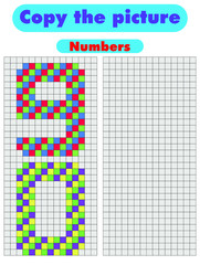 Copy the picture. Draw the numbers using the grid. Color by example.  Educational game for children with learning numbers and symmetry. Worksheet for kids. Stock vector illustration.