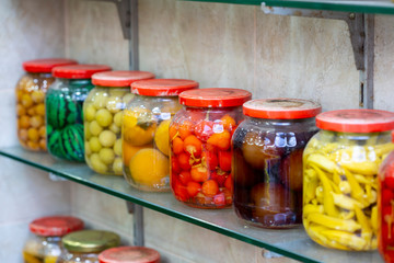 Homemade Pickled Vegetables in Jars Ready to Eat.