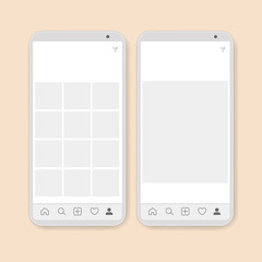 Mock up phone for social media network. Modern application with photos tile template. User profile, post, buttons, frame for photo. Isolated vector illustration.