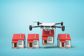 3d rendering of camera drone carrying small cottage and putting it down in a row with other 3 identic cottages on light blue background.