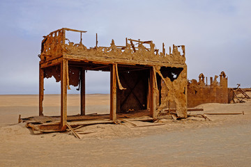 abandoned oil rig on the skeleton coast, namibia