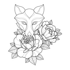 Hand drawing  fox with flowers for greeting card, invitation, Henna drawing and tattoo template. Vector illustration