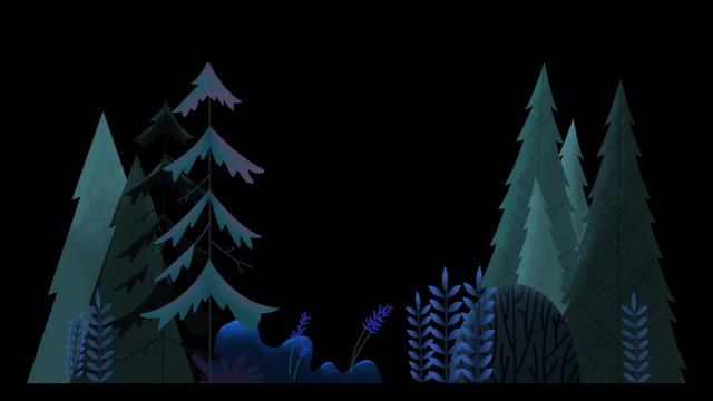 Seamless loop. Group of evergreen trees, grass and bushes swinging in wind.green and blue misty night. Animated vector illustration with brushes isolated on black background with alpha luma matte.