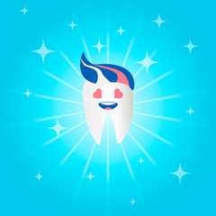 Dentistry Cute smiling cartoon tooth with a tooth past. Vector illustration of a tooth on bright blue background in flat style. For dental clinics, brochures, banners, postcards, flyers.