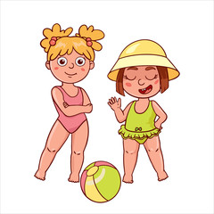  Doodle sketch girls in swimsuits with a ball. Simple flat illustration of children 