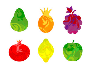 Set of 6 colorful vector icons of fruits. Pear, pineapple, grapes, pomegranate, lemon and apple