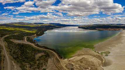 Birds eye view of a tailings impoundment, Highland Valley copper mine between Ashcroft and Logan...