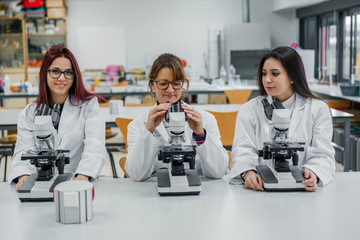 Female scientists using microscopes in lab