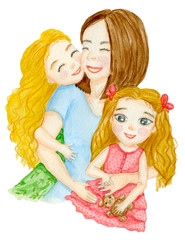 Mother with two daughters . Illustration drawn in watercolor and colored pencils. Family moments. Mother's Day