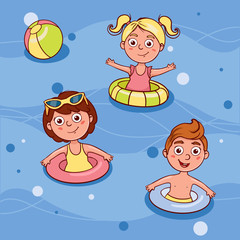  Simple flat illustration children in lifebuoys are swimming in the sea, pool. Doodle sketch on a white background.