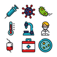 syringe, virus and medicine icon set, line and fill style