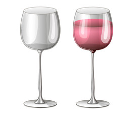 Stock vector illustration. Set. Two glasses - one empty transparent and a glass with pink wine drawn on a white background
