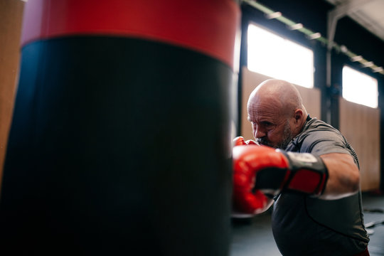 Side view of strong mature adult sportsman in red boxing gloves practicing punches during workout in modern club