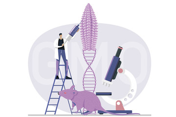 Genetic engineering. Genetically modified foods, GM foods. Food additives. Genetically engineered foods concept. DNA recombination.  Flat vector illustration