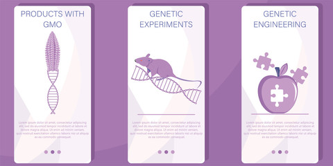 Genetic engineering. Genetically modified foods, GM foods. Food additives. Genetically engineered foods concept. App interface template. DNA recombination.  Flat vector illustration