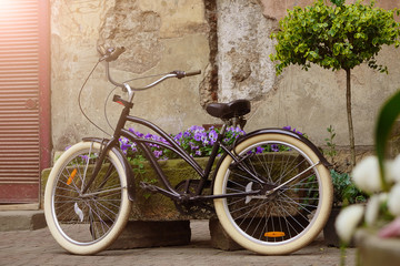 A modern black city bike stands next to a bed of purple flowers and a tree. Urban landscape, ecological and sports mode of transport in the old city. Spring bright green at the old house