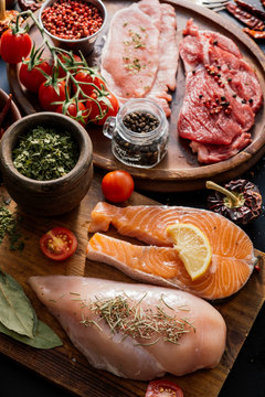 Flat lay of proteins surrounded by spices and seasonings on table