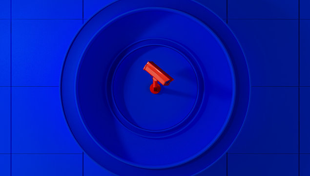 Red surveillance camera on blue background monitoring people on the street. Camera to search for quarantine offenders caused by Coronavirus