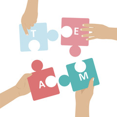 Hands put together puzzles. The concept of coworking and business partnership. Team metaphor of people connecting puzzle elements. Teamwork and team building. Flat vector illustration.