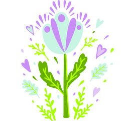 Cute vector illustration with flower, branches, leaves and hearts. 