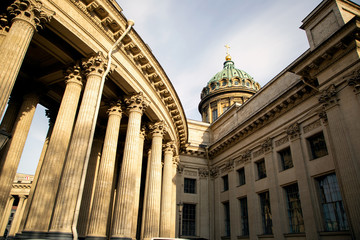 View of the colonnade and the dome of the Kazan Cathedral at sunset. Russia, Saint-Petersburg.