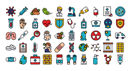 medicine and virus icon set, line and fill style
