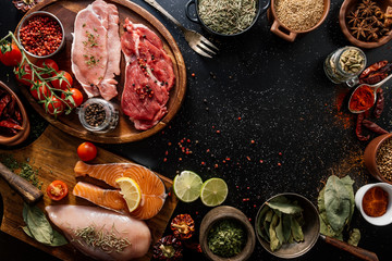 Flat lay of proteins surrounded by spices and seasonings on table
