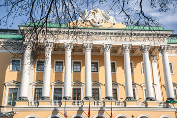 View of the facade and columns of a beautiful building. Saint-Petersburg, Russia.