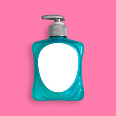 Hand sanitizer, washing gel, liquid soap, alcohol rub, pump bottle dispenser close up, isolated and presented in punchy pastel colors, with customizable label for creative design