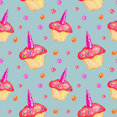 Seamless pattern of unicorn cupcakes with pink icing and sprinkles on a blue background, drawn in watercolor