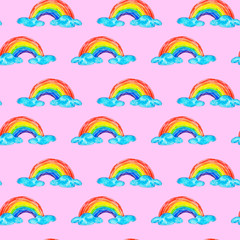 Seamless pattern of multicolored rainbows in blue clouds on a pink background, painted in watercolor