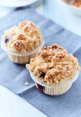 Blueberry Muffins on bright background. Close up. 