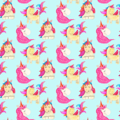 A seamless pattern consisting of three different magic unicorns on a light blue background is drawn in watercolor.