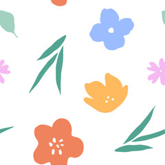 Abstract plants seamless pattern. Colorful leaves and flowers background. Floral design for wallpaper, paper, textile. Minimalist floral background