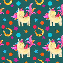 The watercolor drawing is a seamless pattern consisting of a magic unicorn with a horseshoe on a green background.