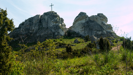 Fototapeta premium View of the Sokolich Mountains Reserve and rock stones in Olsztyn. A free space for an inscription
