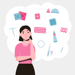 Fototapeta na wymiar Set different types of contraception. Birth control methods and options. Girl choosing a method of contraceptive. Flat vector illustration isolated white background.