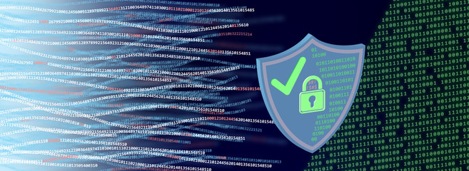 Cyber security concept. Shield, lock symbol numbers strings, white, green, red, numbers on blue background. Illustration vector