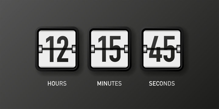 Countdown clock. Mechanical white scoreboard isolated on black background. Hours, minutes and seconds. Vector.