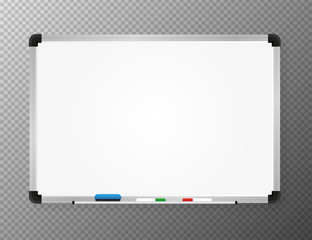 Whiteboard for markers. Presentation, empty projection screen. Office and study tool isolated on tranperent background. Vector.