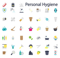 Personal hygiene Concept Vector Designs of Color Icon Set, Bodys cleanliness Equipment on White Background, Bathroom facilities and accessories Elements, Illness Prevention Symbols