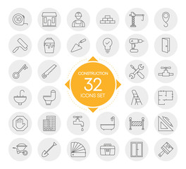 CONSTRUCTION 32 icons set with circles design isolated on white background. Vector.