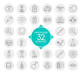 HEALTHCARE 32 icons set with circles design isolated on white background. Vector.